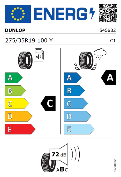 Tyre Label for Dunlop SP Sport Maxx RT 2 275/35R19 100Y