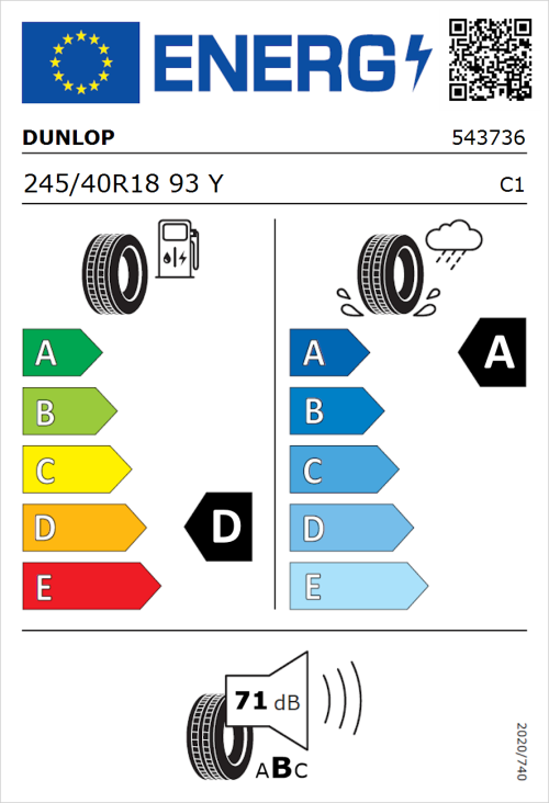Tyre Label for Dunlop SP Sport Maxx RT 2 245/40R18 93Y