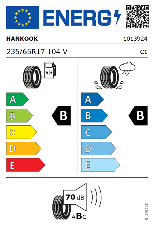 Tyre Label for Hankook Ventus S1 Evo2 (K117A) 235/65R17 104V