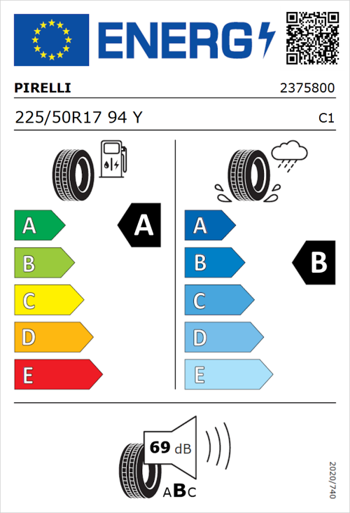 Tyre Label for Pirelli Cinturato P7 (P7C2) 225/50R17 94Y