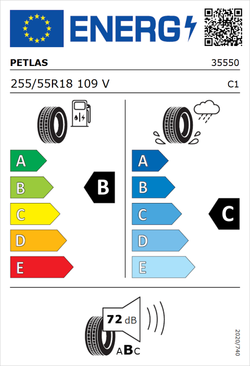 Tyre Label for Petlas Explero PT431 H/T 255/55R18 109V