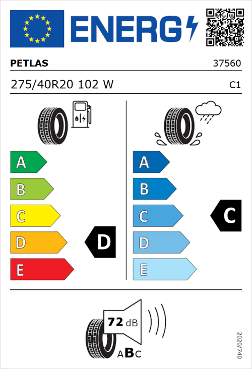 Tyre Label for Petlas Explero PT431 H/T 275/40R20 102W