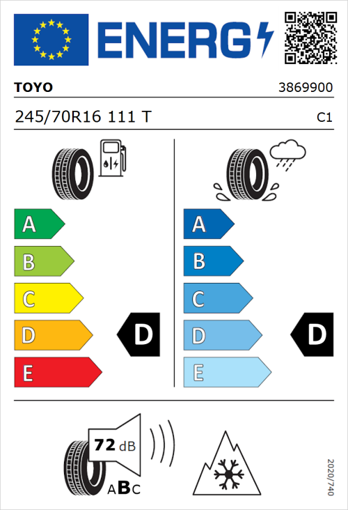 Tyre Label for Toyo Open Country ATIII 245/70R16 111T