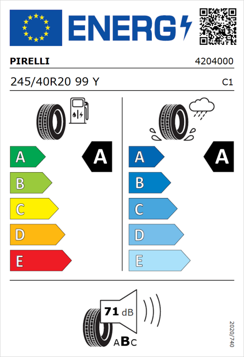 Tyre Label for Pirelli P Zero (PZ4) Sport Car 245/40R20 99Y