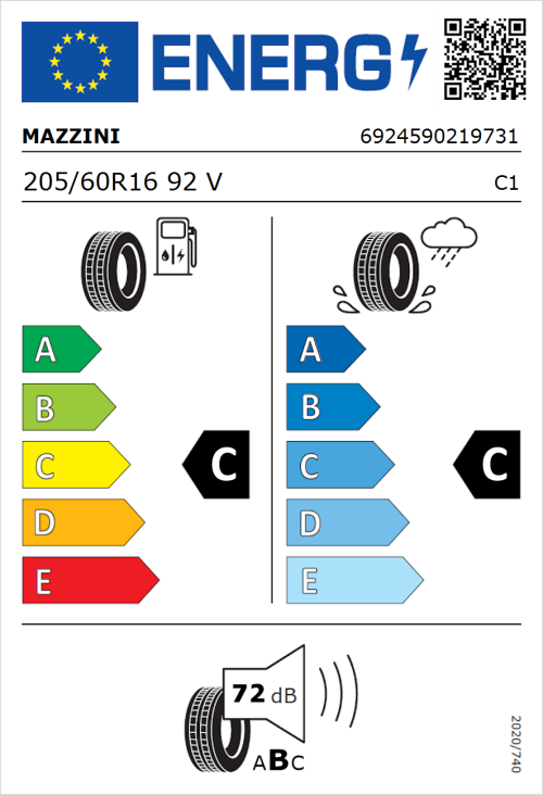 Tyre Label for Mazzini Falconer F1 205/60R16 92V