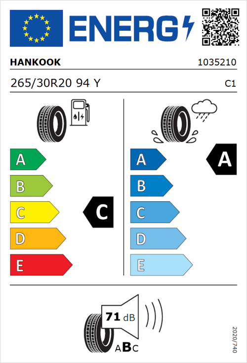 Tyre Label for Hankook Ventus Evo (K137) 265/30R20 94Y