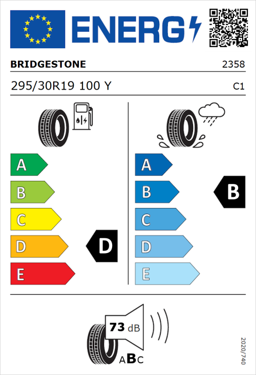 Tyre Label for Bridgestone Potenza RE050A 295/30R19 100Y