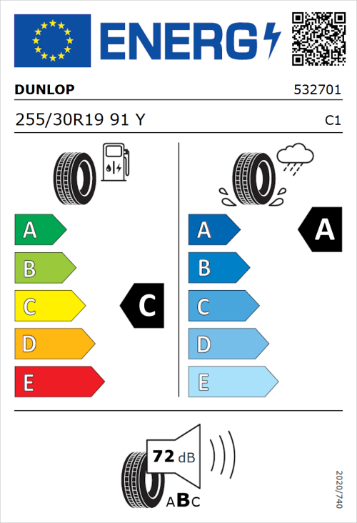 Tyre Label for Dunlop SP Sport Maxx RT 2 255/30R19 91Y